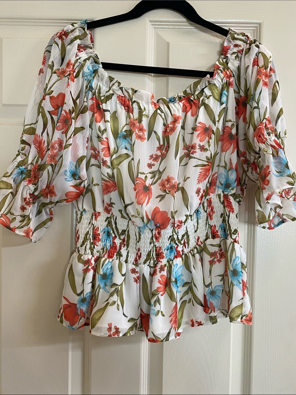 CeCe White Floral Off-Shoulder Peplum Top with Coral & Blue Blooms